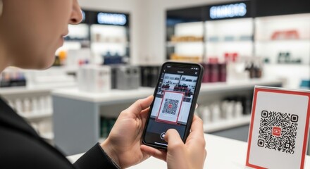 Woman Scanning QR Code with Smartphone for Contactless Shopping in a Modern Retail Environment