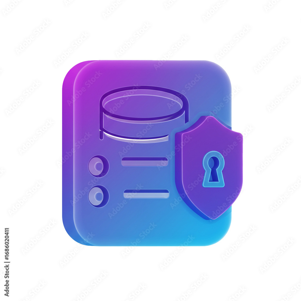 Poster a digital data storage icon, protected by a secure shield, representing data protection and informat