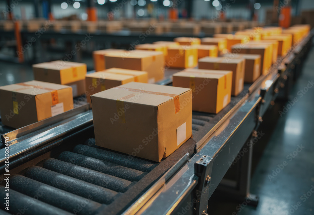 Poster systematic package apparatus in a logistics sorting area with boxes on conveyor