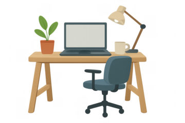 Comfortable workplace with laptop showing blank screen, desk lamp, coffee mug and plant on transparent background