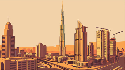 Obraz premium Stylized cityscape illustration modern architecture urban landscape sunset view skyscrapers city skyline architectural design urban development metropolis high-rise buildings city illustration urban .