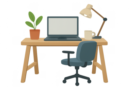 Comfortable workplace with laptop showing blank screen, desk lamp, coffee mug and plant on transparent background
