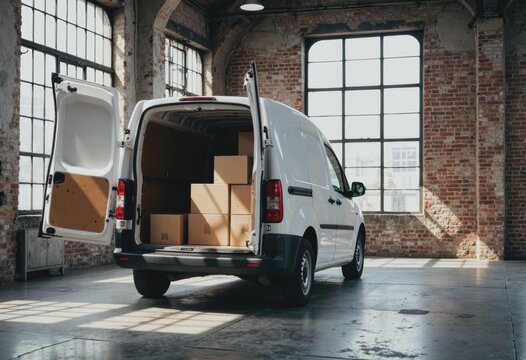 Organized delivery equipment in a courier service facility with a van
