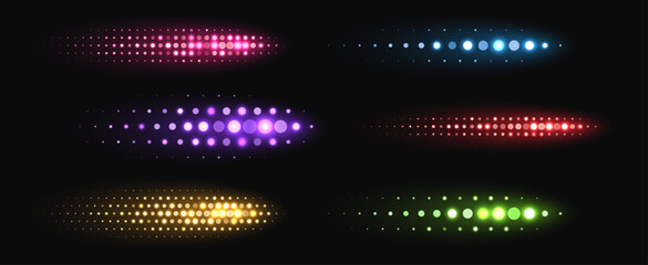 Colorful halftone shapes, glowing dynamic elements made from sparkling dots. Glowing vector illustration with spray effect. © Likanaris