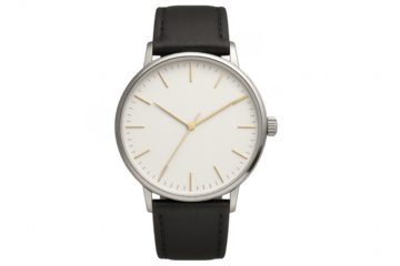 Wristwatch with black leather strap and white dial showing time on transparent background