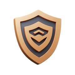 A stylized, three-dimensional golden shield icon, representing security and protection, with layered design elements and a subtle gradient.