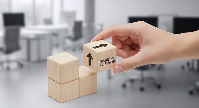 Businessman's hand stacking wooden blocks to symbolize business growth, financial strategy, and achieving a high return on investment
