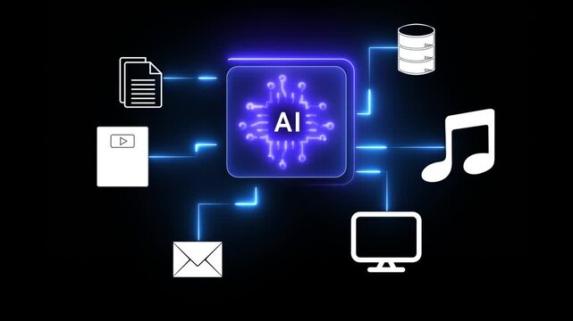 AI assistant on mobile device management content generation concept on the transparent background.  content generation for text, video, music, and image with smart automation. 4k video animation.