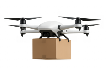 White delivery drone carrying package on transparent background