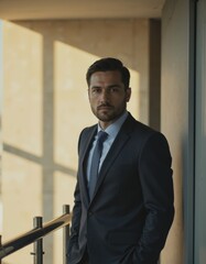 Professional man in a suit standing near a wall corner guard in a high-rise corridor