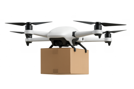 White delivery drone carrying package on transparent background