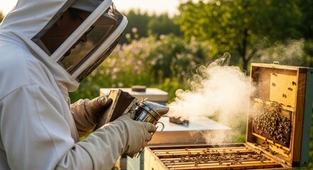Artisan Beekeeper Gently Smoking Beehives During Golden Hour for Sustainable Honey Harvest
