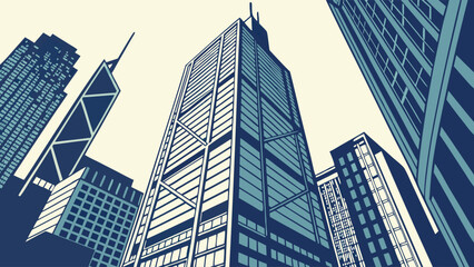 Obraz premium Stylized illustration of skyscrapers urban architecture city buildings modern design business district low angle view high rise contemporary geometric abstract vector art graphic design wallpaper bac.