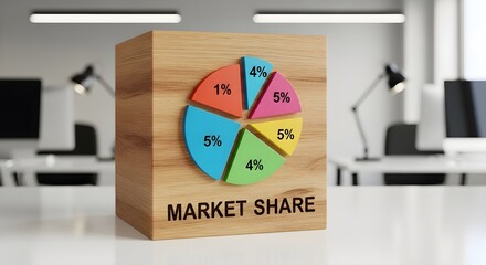 Visual representation of market share segmentation and business strategy on a wooden block in a contemporary office environment, symbolizing growth and competitive analysis concept