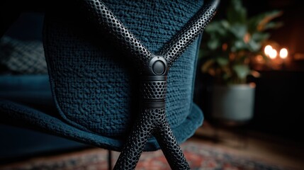 Focused view on a unique 3D printed furniture joint demonstrating rapid assembly set against an outoffocus contemporary interior.