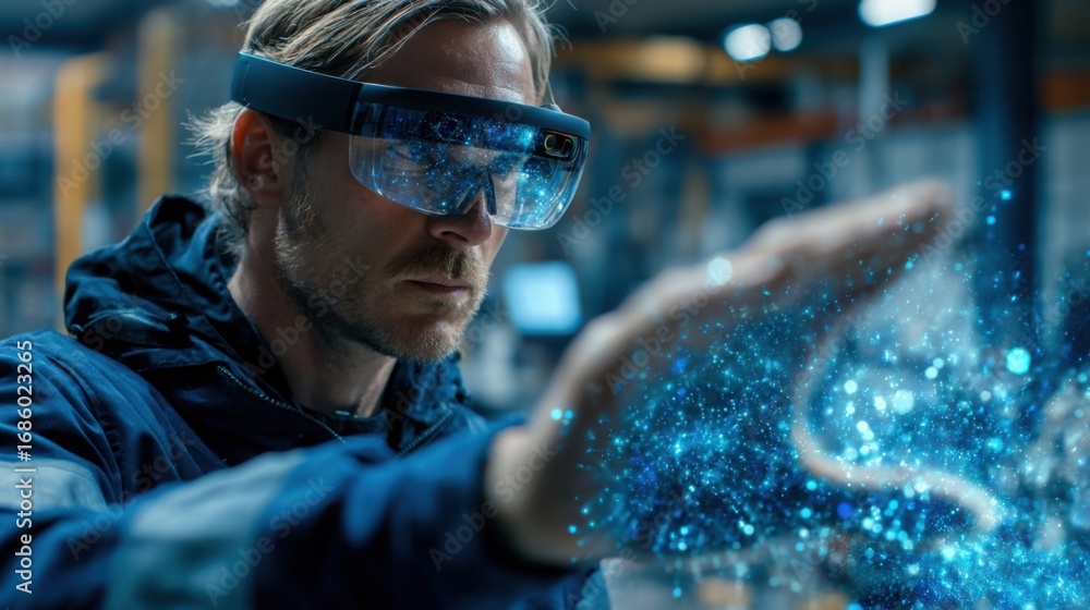 Poster an operator wearing augmented reality glasses interacting with a virtual model of a microfactory ill