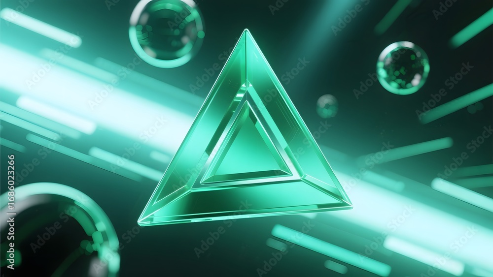 Aufkleber green illuminated triangle with spheres in a futuristic setting