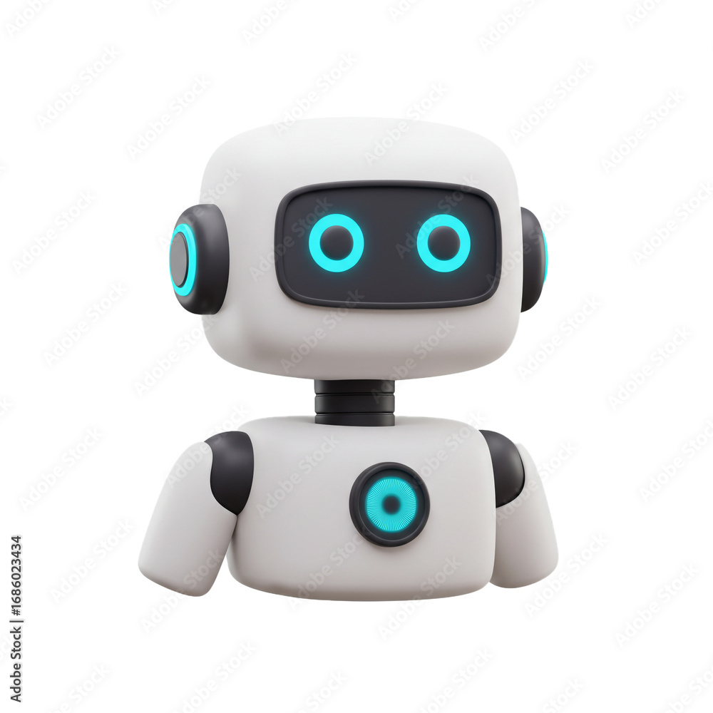 Poster a friendly robotic character with glowing blue eyes and a circular chest display, representing artif