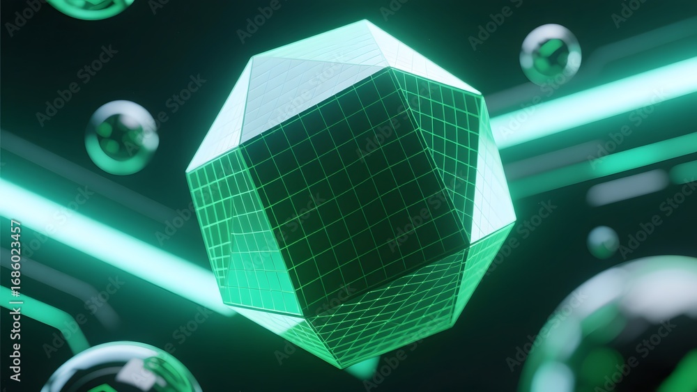 Poster geometric polyhedron with a grid pattern illuminated by neon green lights in a futuristic setting