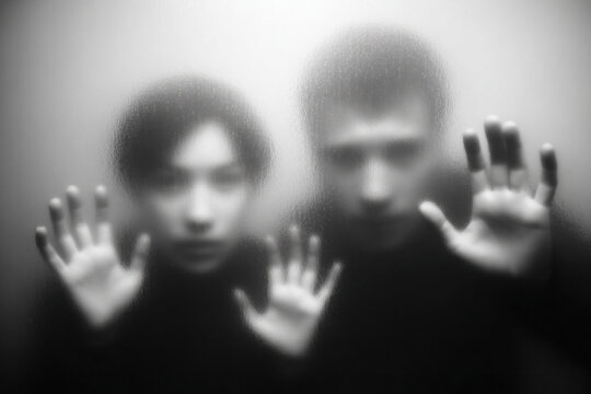 Two blurred figures press their hands against a frosted glass pane, creating a haunting silhouette and a mysterious, moody scene with a sense of distance.
