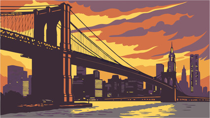 Sunset cityscape with suspension bridge and skyscrapers urban landscape illustration artistic vector graphic.