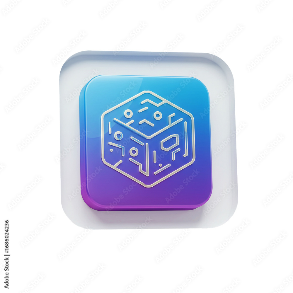 Poster a futuristic, three-dimensional digital cube icon with intricate lines, representing technology and 