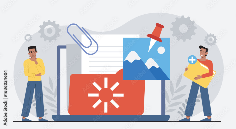 Poster people add files. men near folder on laptop screen. digital documents with information. database, ar