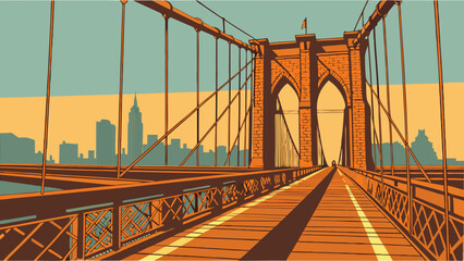 Naklejka premium Suspension Bridge Pathway Cityscape Background Vintage Style Illustration.