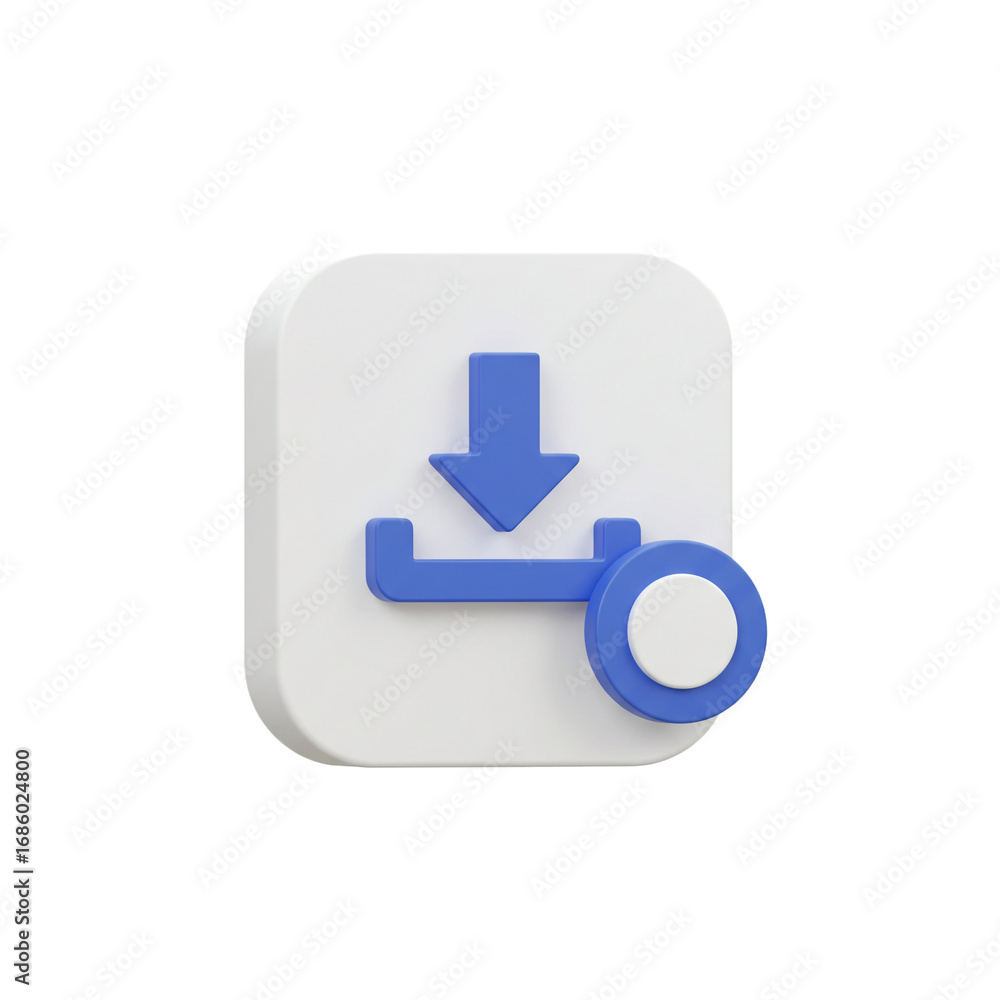 Poster a three-dimensional icon depicts a downloading process with a blue arrow pointing downwards, signify