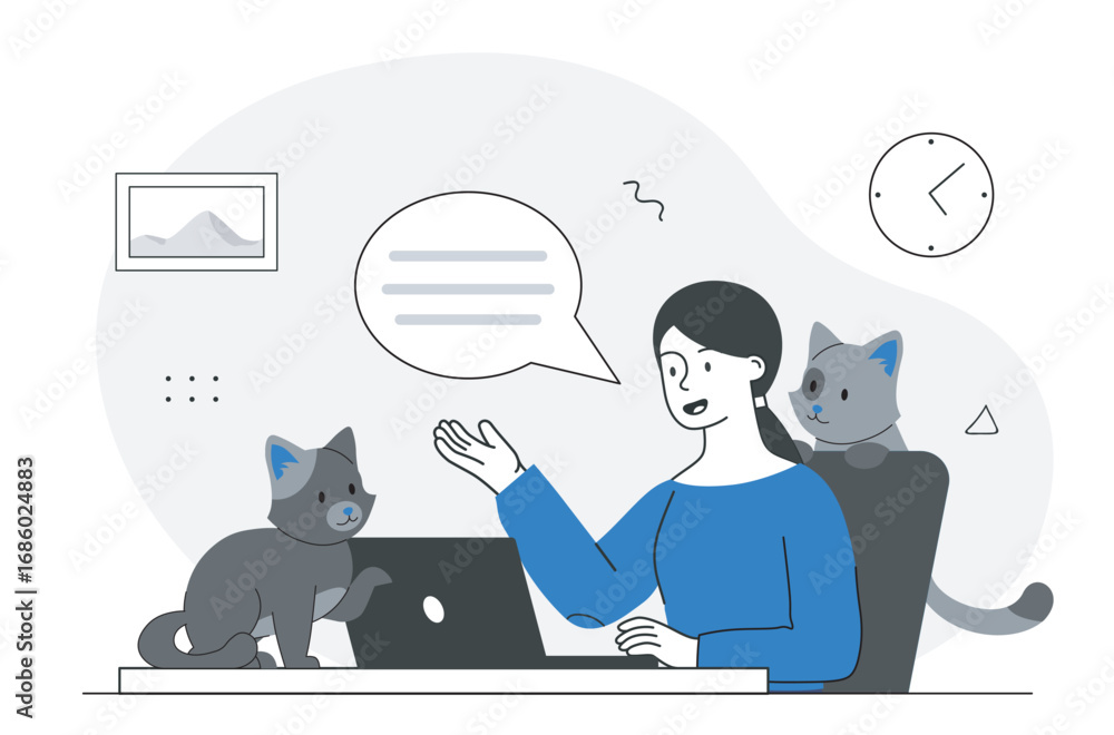 Poster cats interrupting work. two little cats with woman at workplace. freelancer and remote worker. uncom