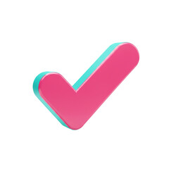 A vibrant, three-dimensional checkmark icon, rendered in a glossy pink hue with a subtle cyan outline, representing approval or validation.