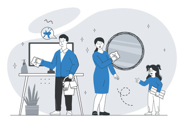 Family cleaning home. Man and woman with child cleaning apartment. Father with bucket and mother with rag cleaning room. Routine and household chores. Linear vector illustration
