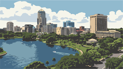 Obraz premium Urban Skyline with Lake and Lush Greenery Cityscape Illustration Modern City View Summer Day Boats on Water Park Trees Buildings Architecture Design Travel Vacation Tourism Panorama Scenic View City .