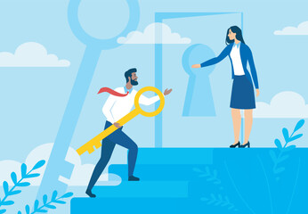 Key to success. Man and woman open keyhole with key. Innovative business solution concept. Opportunity and chance. Motivation, aspiration and inspiration. Flat vector illustration