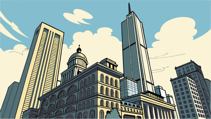 Urban Skyline Modern Cityscape Architectural Illustration Buildings Downtown Metropolis Comic Book Style Vector Art.