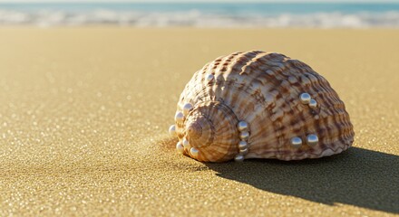 Pearl-Filled Seashell on Beach Sand