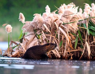 Water rat in reeds by icy water