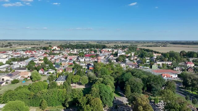 Aerial Strzelno Poland water tower historic tilt 1. Central north Poland. German occupation World War II. Farm rural area. Historical trade and religious center. Historic buildings rural village.
