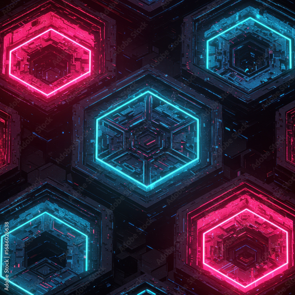 Poster abstract tech hexagon pattern glows with vibrant neon, creating futuristic and dynamic geometric des