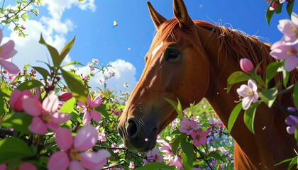 Horse surrounded by blossoming pink flowers