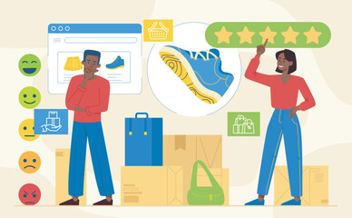 People buy goods on Internet. Man and woman buying shoes. Online shopping and home delivery. Consumers and customers. Cashless payment and transactions. Flat vector illustration