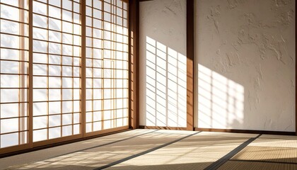 Japanese Room Interior Design with Shoji Grid and Sunlight Shadows