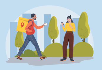 Courier delivers order. Man with backpack walks towards woman with phone. Buyer receives online order. Online shopping and home delivery. Flat vector illustration
