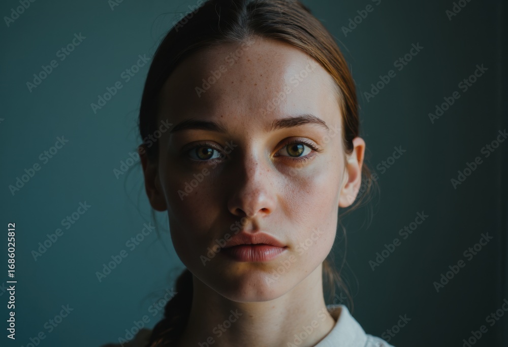 Poster individual with a unique hexagonal face structure and captivating gaze