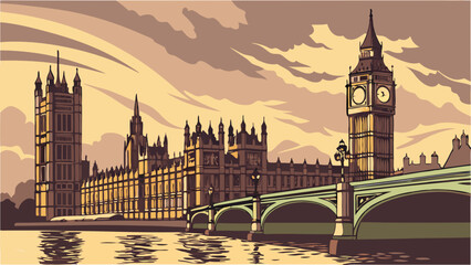 Fototapeta premium Vintage illustration of a famous clock tower and government building river and bridge at sunset.