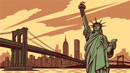 Fototapeta premium Vintage illustration of a famous statue and cityscape with a bridge.
