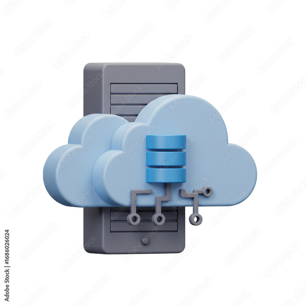 Poster a stylized illustration depicts cloud computing with a server and a cloud-shaped data storage system
