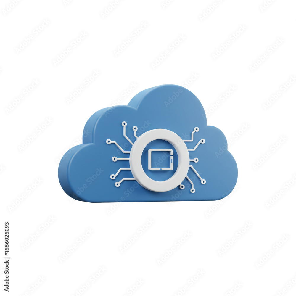 Poster a stylized cloud computing illustration featuring a digital circuit board and a tablet icon, represe