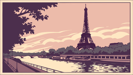 Vintage Style Cityscape Illustration River Bridge and Iconic Tower at Sunset.