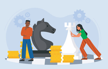 People develop business strategy. Man and woman near chess pieces and gold coins. Planning and strategizing. Leadership and aspiration. Business vision. Flat vector illustration